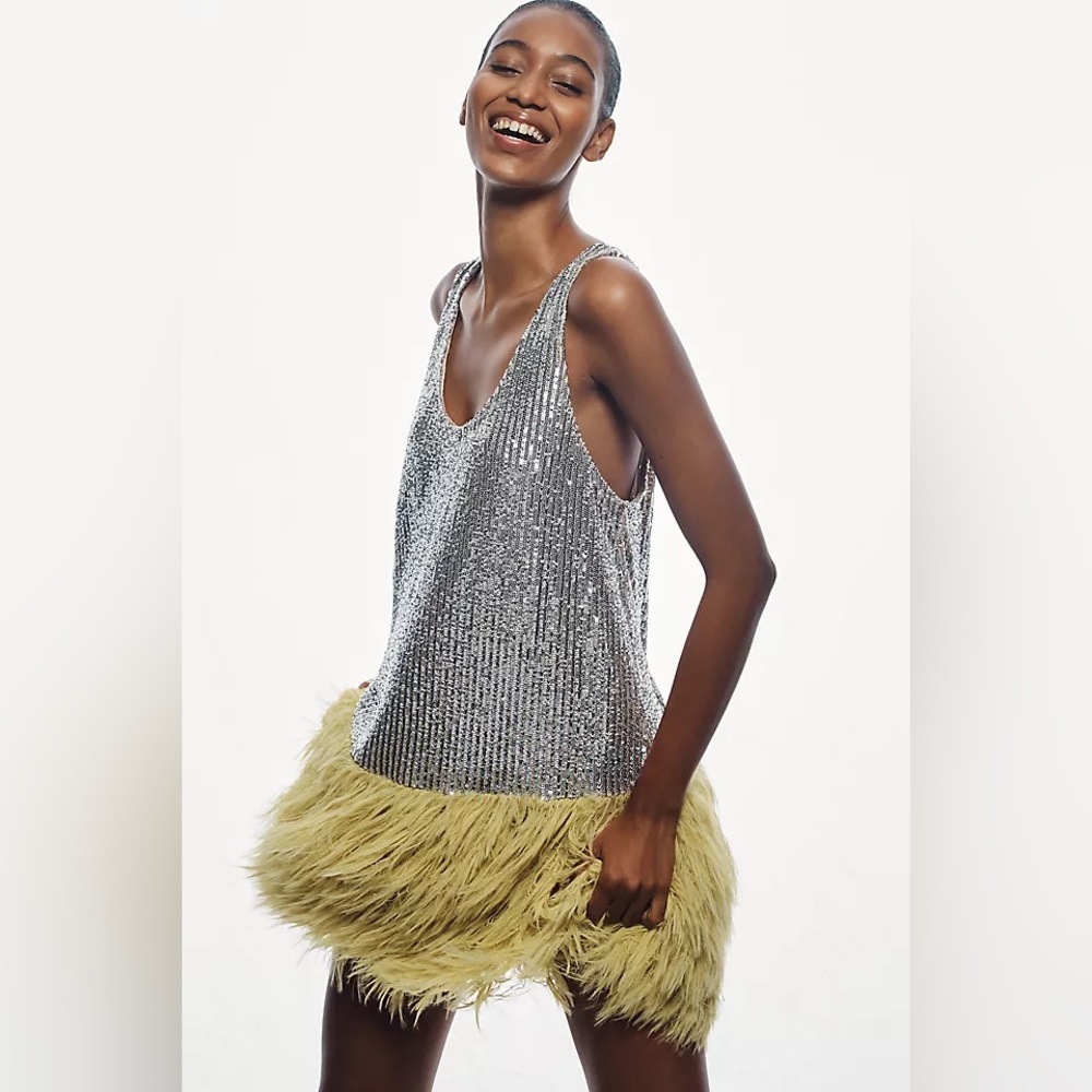 Anthropologie Silver Sequin Dress with Green Feathers